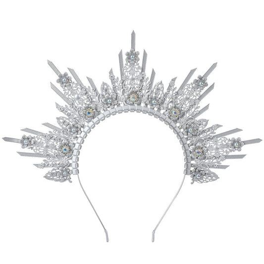 COSUCOS Silver Halo Crown Headpiece - Sunburst Spiked Sun Goddess Headband Statue of Liberty Crown, Virgin Mary Goddess Headwear for Women Renaissance Costume Halloween Pageant Cosplay Accessorice