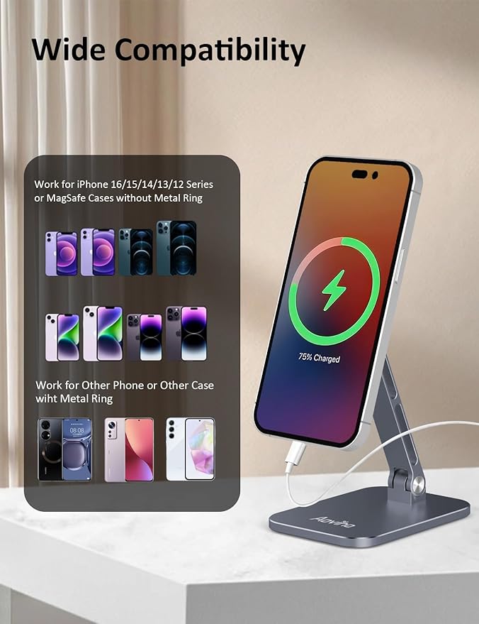 Aoviho Magnetic Phone Stand for MagSafe Adjustable - Aluminum Portable Phone Holder for Desk with 360° Rotating Head Compatible with iPhone 16/15/14/13/12 Pro Max and Magnetic Phone Case, Grey