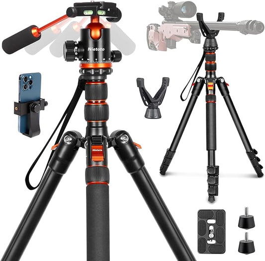 Nietoto 2 in 1 Camera Tripod & Hunting Stand Foldable, 68" Ball Head Tripod for Camera and Phone, Heavy Duty Tripod for DSLR Camera Lasers Binoculars Telescope Spotting Scope, Min Size 16.5" with Bag
