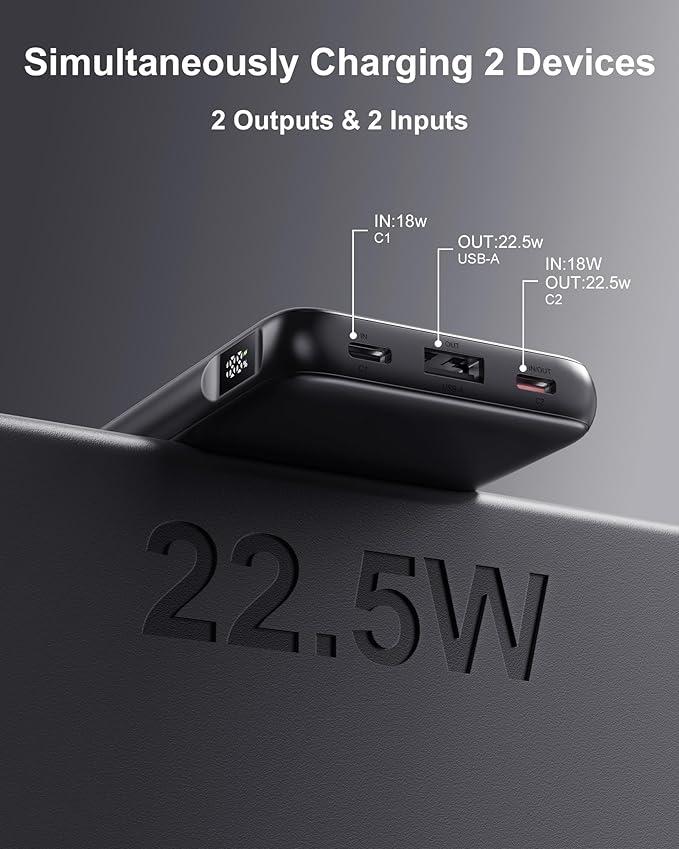 Ansody 2-Pack Portable Charger, 10000mAh 22.5W Slim USB C Power Bank Fast Charging with 2 Outputs & 2 Inputs, Digital Display Battery Pack Compatible with iPhone Samsung iPad Tablets, Black & Black