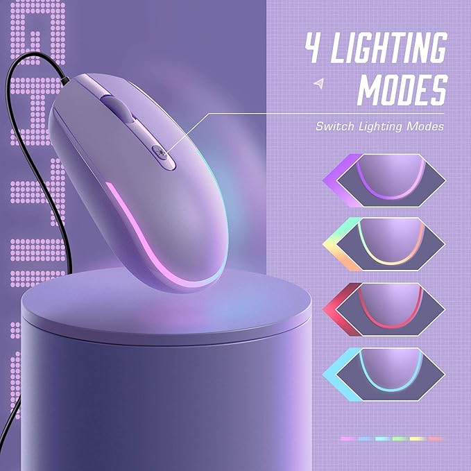 seenda Wired Mouse - USB Computer Mice Wired with RGB Backlit Optical LED Mouse with Attached USB Cord for Laptops Notebooks Chromebook - Purple