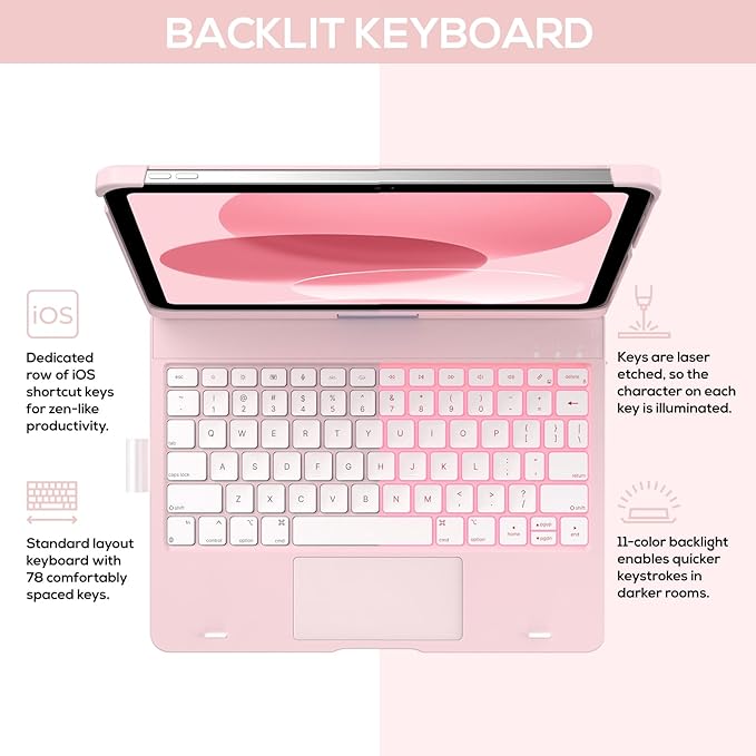 typecase Touch iPad 11th 10th Generation Case with Keyboard (11" 2025, A16 & 10.9" 2022) – 360° Rotatable, 11-Color Backlit, Multi-Touch Trackpad, Pencil Holder, Thin & Light – Light Pink