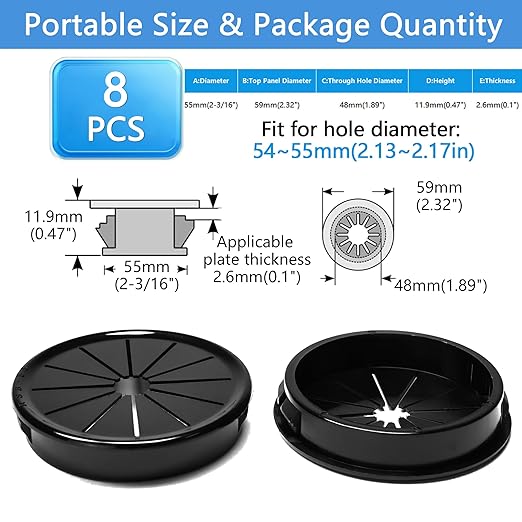 BOPOREAE 8 Pcs Cable Grommet, Snap Bushing 2-3/16" (55 mm) Mounting Diameter, Flexible Petal-Shaped Buckle Round Nylon Desk Grommet for Wires Through Countertop Cord Organizer and Protection, Black
