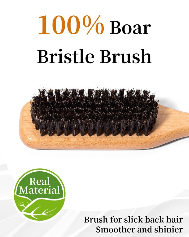 Slick Back Hair Brush, Hair Wax Stick Set - Boar Bristle Brush for Fine to Medium Hairs - Smooth Flyaways, Frizz & Baby Hairs, Sleek Ponytails Buns Updos