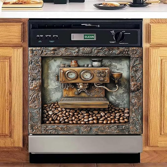 Retro Coffee Machine Dishwasher Magnet Cover, Dish Washer Cover for Kitchen Decor, Easily Trimmable Dishwasher Sticker Refrigerator Magnetic Cover 23Ã17 in