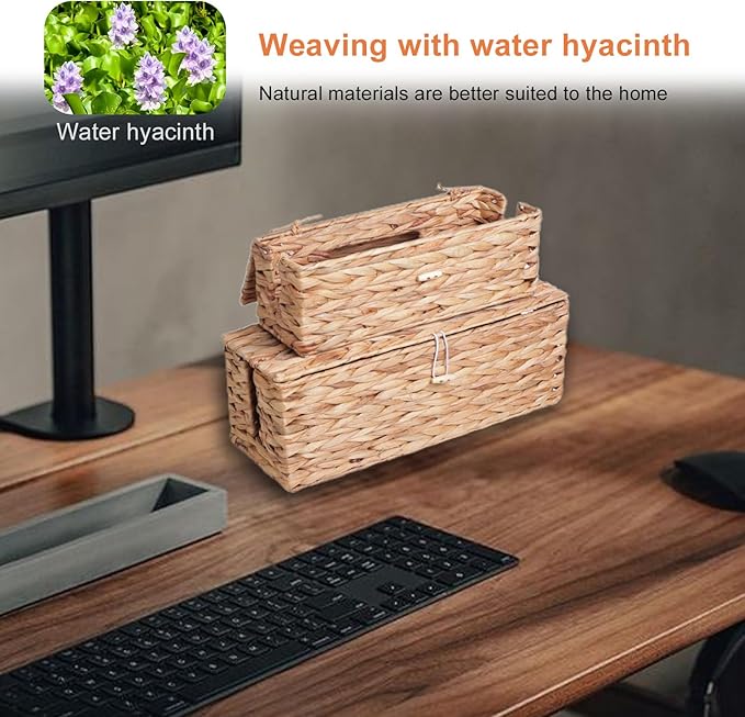 KWEEHAWTI Cable Management Box, Cord Hider Organizer Box with Lid 2-Pack,2 Side Open Slots Handwoven Water Hyacinth Storage Box for Power Strips, Floor, Desk, Office