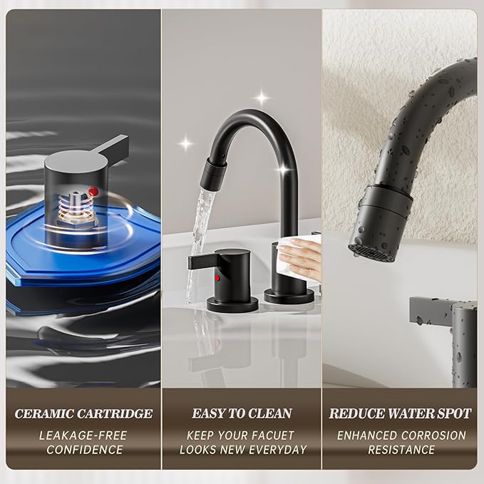 Phiestina Pull Out Sprayer Matte Black 8 Inch Bathroom Sink Faucet, Widespread 2 Handles 3 Hole Pull Down Bathroom Faucet, with Pop Up Drain and Water Supply Line, BF04022-K01-MB