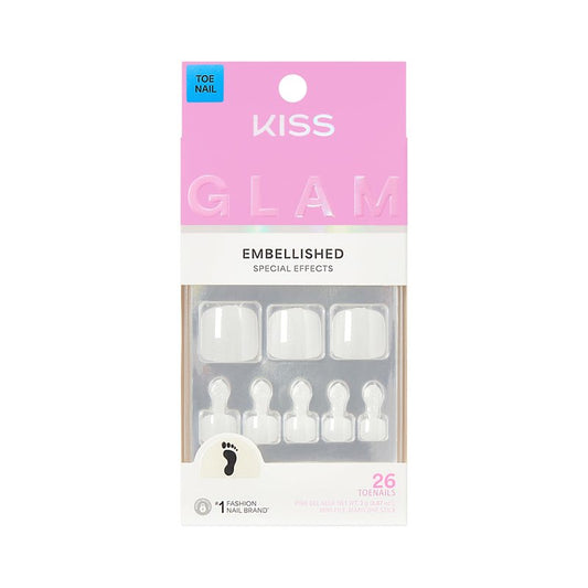 Kiss Glam, Press On Nails, Nail glue included, 'Twinkle Toes', White, Short Size, Squoval Shape, Includes 26 Toenails, 2g Glue, 1 Manicure Stick, 1 Mini File