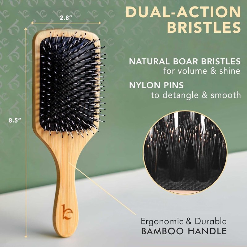 Boar Bristle Paddle Hair Brush - Detangling Wood Brush for Thick, Curly & Wavy Hair | Stimulates Scalp