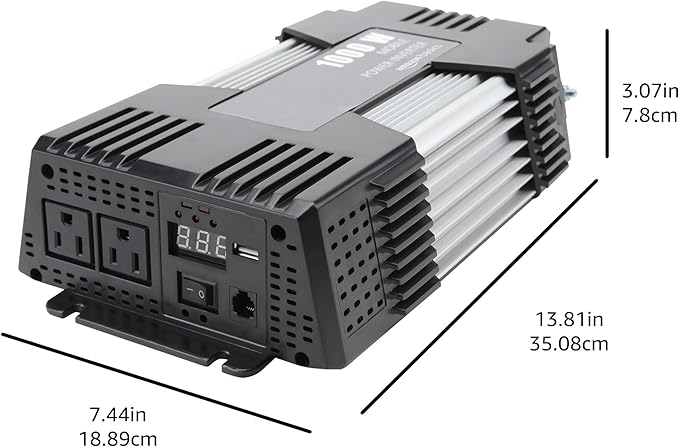 Amazon Basics 1000W Car Power Inverter, 12V to AC 110V, Portable, 2 AC Outlets, USB Port, 13.81 x 7.44 x 3.07 inches
