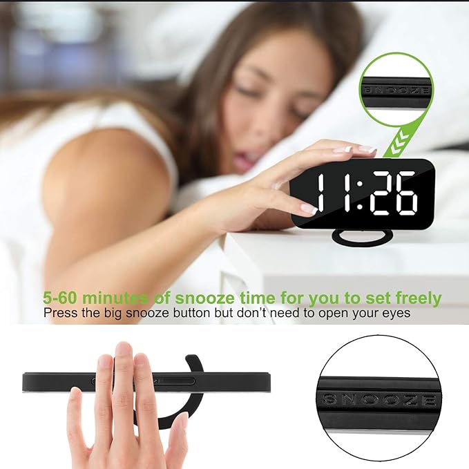 SZELAM Digital Clock Large Display, LED Alarm Electric Clocks Mirror Surface for Makeup with Diming Mode, 3 Levels Brightness, Dual USB Ports Modern Decoration for Home Bedroom Decor-Black
