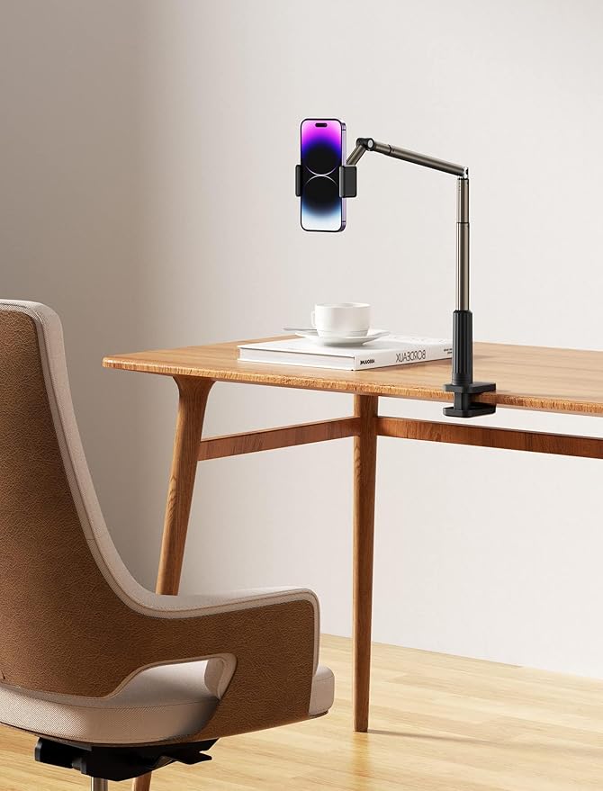 JSAUX Phone Holder for Desk and Bed Compatible with iPhone 17 16 15 14 13 12 Overhead Phone Mount Gooseneck Phone Stand Flexible 360 Lazy Long Arm Clamp Clip for Table Bedside [1-Pack, Black]