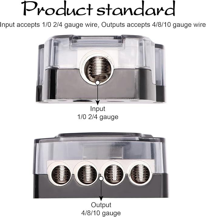 TuoLauthon 4 Way Power Distribution Block 1x 0/2/4 Gauge in 4X 4/8/10 Gauge Out Nickel Plated Car Audio Splitter Amp Distribution Connecting Block,2Pcs