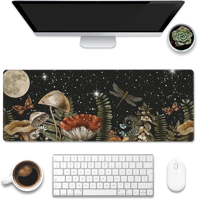 Eflxamz Large Gaming Mouse Pad for Desk,Cute Forest Mushroom Desk Mat,Starry Night Mushroom Desk Pad,Extended Big Computer Keyboard Mouse Pad with Non-Slip Base and Stitched Edge,31.5"x11.8"