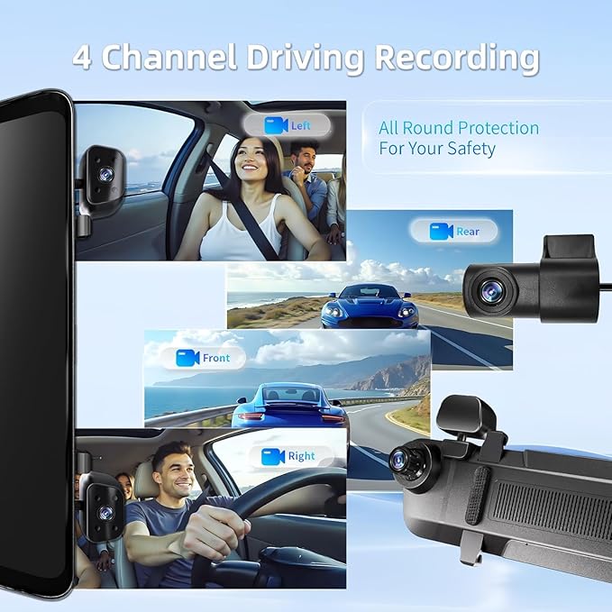 2026 Rearview Mirror Camera,4 Channel Mirror Dash Cam Front and Rear,Rear View Mirror Backup Camera for Cars & Trucks,12" Touch Screen,Built-in 5.8GHz WiFi,GPS,IR Night Vision,Free 128GB SD Card