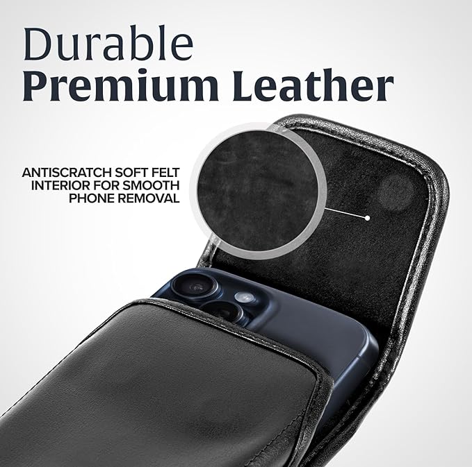 Turtleback Belt Clip for iPhone 16 Pro, 16e, 15 pro 14 Pro 13 Pro -Small- Fits w/Slim MagSafe Style Cases - Premium Black Leather, Vertical Belt Holder, Magnetic Closure, HD Rotating Belt Clip