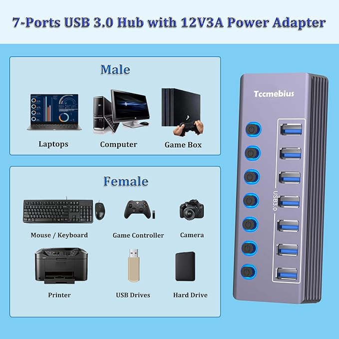 Tccmebius Powered 7-Port USB 3.0 Hub, USB C to 7 Ports USB Data Hub Splitter with Individual LED On/Off Switche, 3.3FT Cable, 12V/3A Power Adapter, for Laptop MacBook Pro/Air PC (Aluminum Gary)