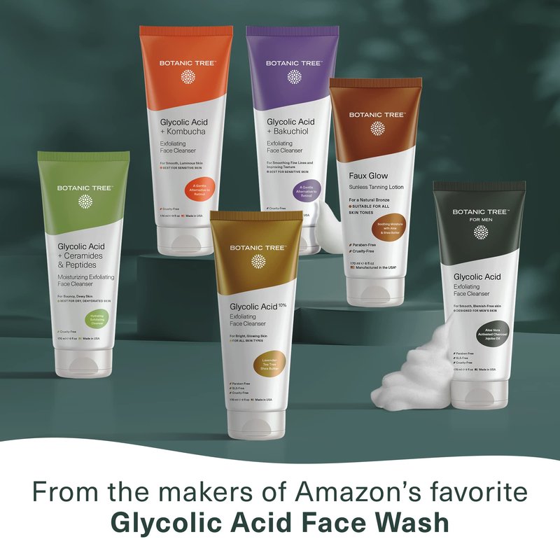 Botanic Tree Glycolic Acid Face Wash for Men - Facial Cleanser, Scrub - 10% Glycolic Acid with Activated Charcoal - 6 fl oz