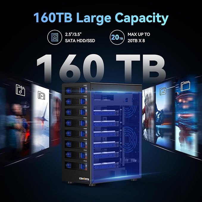 CENMATE 8 Bay Hard Drive RAID Enclosure with Cooling Fan for 2.5/3.5" SATA HDD/SSD with USB A/C 3.0＋eSATA Cable, 3.5 Hard Drive Enclosure Supports 160TB Capacity, 8 RAID Modes, DAS(NO NAS)