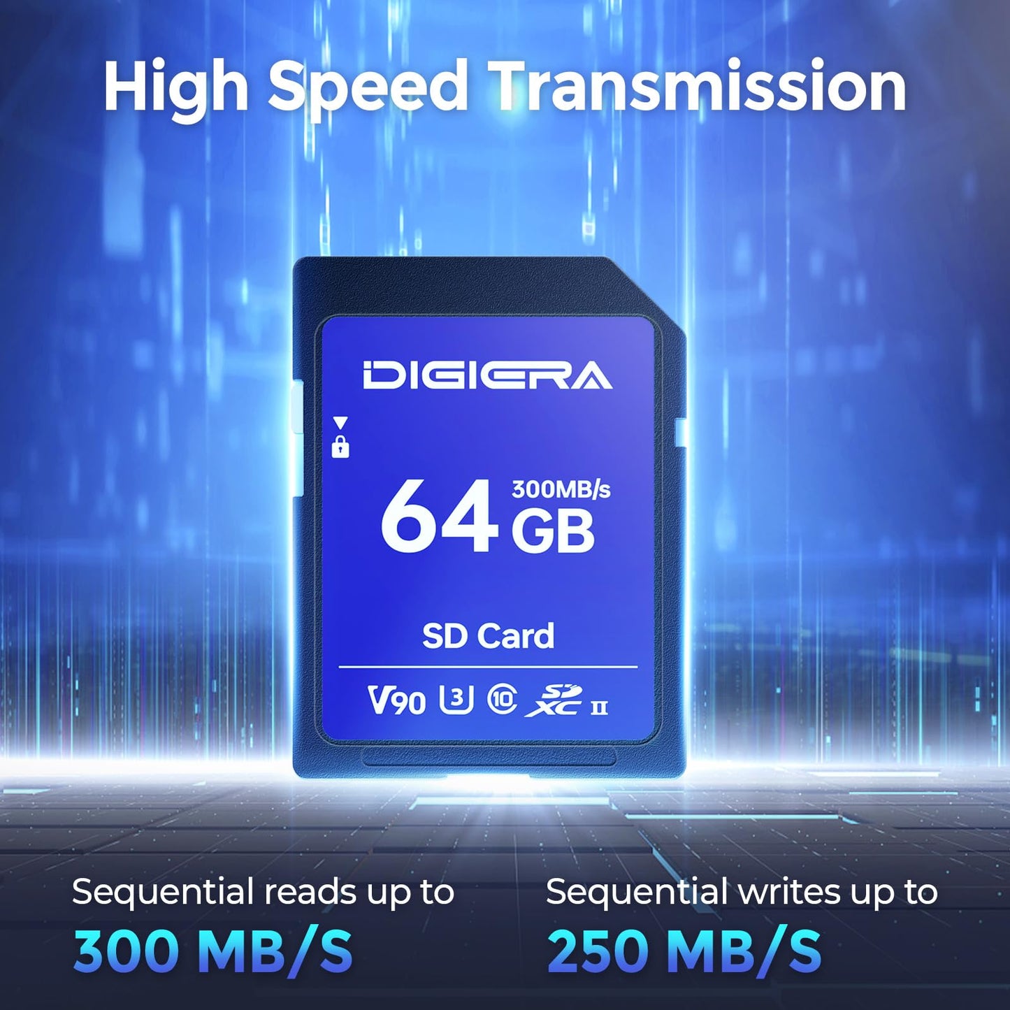 DIGIERA 64GB LSU200 SDXC UHS-II Memory Card - up to 300MB/s, C10, U3, V90, 8K, SD Card for Computers, Digital Cameras, Home Theatre Devices, Car Navigation Systems (1 Pack)