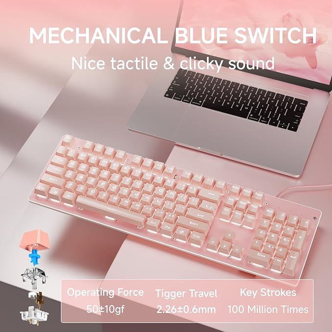 SEUNKWANG EWEADN TK100 Typewriter Keyboard Wired Mechanical Keyboard, 104 Keys Aesthetic Typewriter Keyboards with White Backlit, Anti-Ghosting, Blue Switch Wired Cute Keyboards-Pink