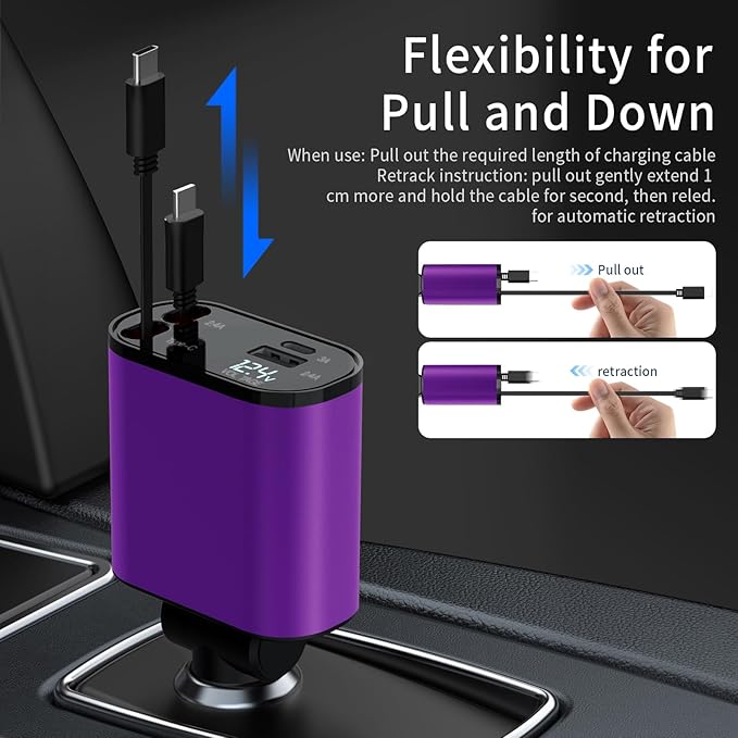 Retractable Car Charger for iPhone 17, 4 in 1 Fast Car Charging 69W,Car Travel Essentials Charger, Women Men for Gifts USB C Car Accessories Adapter Compatible for iPhone 17 16 15 14 13,Galaxy,Pixel