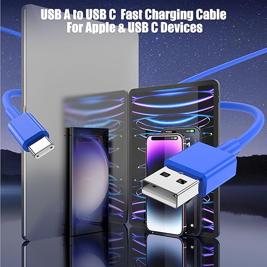 JERMASAL 3-Pack Blue [3.3FT+3.3FT+6FT] USB A to USB C Cable, Compatible with iPhone 15/16, iPad, Samsung, MacBook, PS5 and More, Fast Charging, Carplay Cable
