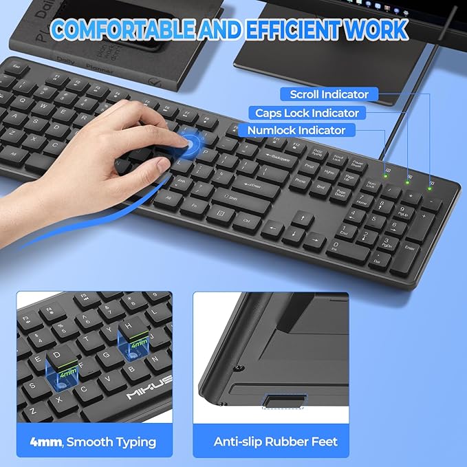 MIKUSO Laser Keyboard with Cover, Wired Keyboard 104 Keys Full Size, Laser Etched Non Fading Keycaps, Easy Clean Computer Keyboard with Number Pad for Office Desktop PC, 1.6m USB Cable- Black