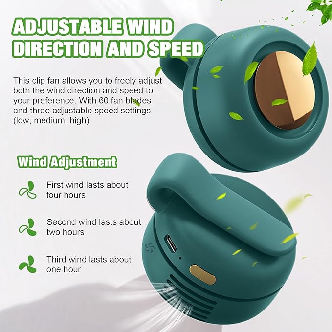Wshxjzyay Portable Silent Mini Bladeless Fan Clip on, Portable Silent Mini Bladeless Electric Fan, For Outdoor & Travel & Office, Travel Accessories, Gift, Adjustable 3-Speed (Type-c, Green)