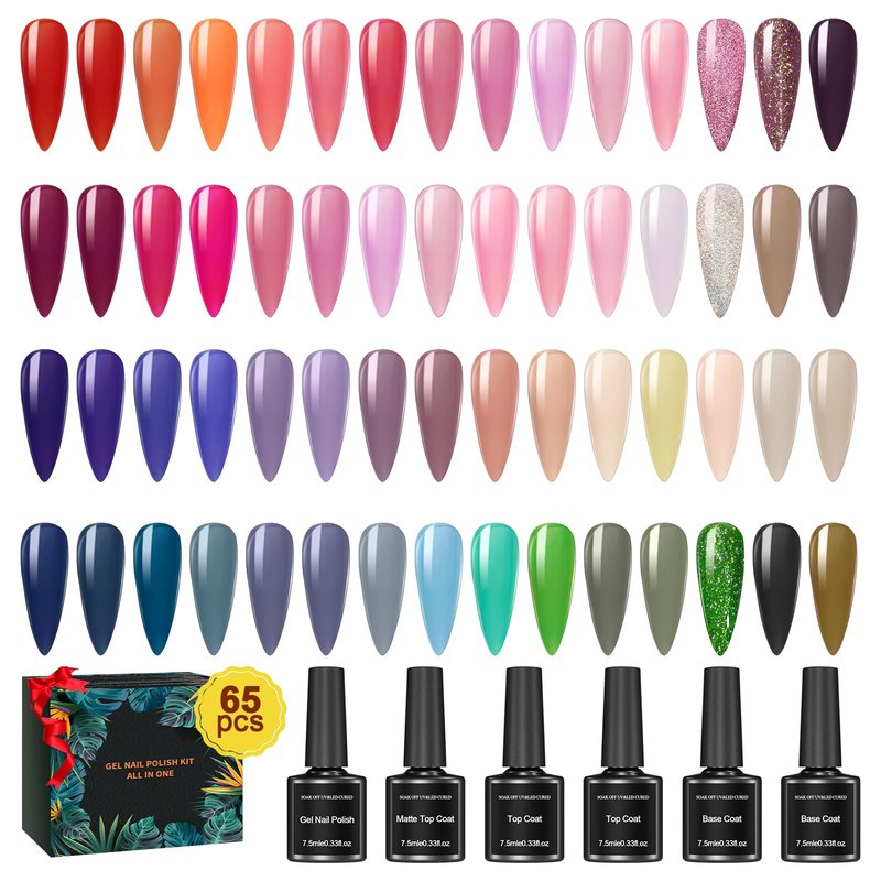 JIASHENG Nail Polish Kit with Organizer Case 42 Colors Gel Nail Set Base Matte & Glossy Top Coat Portable Nail Polish Holder Adjustable Dividers Space Saver Manicure Kit for Nail Art Salon DIY