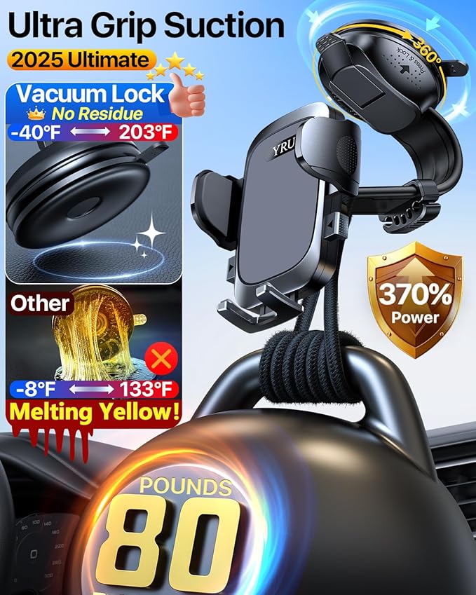 YRU 2026 Ultimate Car Phone Holder Mount Bendable & Adjustable Aluminum Arm Cell Phone Holder for Car Dashboard Windshield Phone Stand for iPhone 17 16 15 14 Pro Max Samsung Pickup Truck,Dark Silver