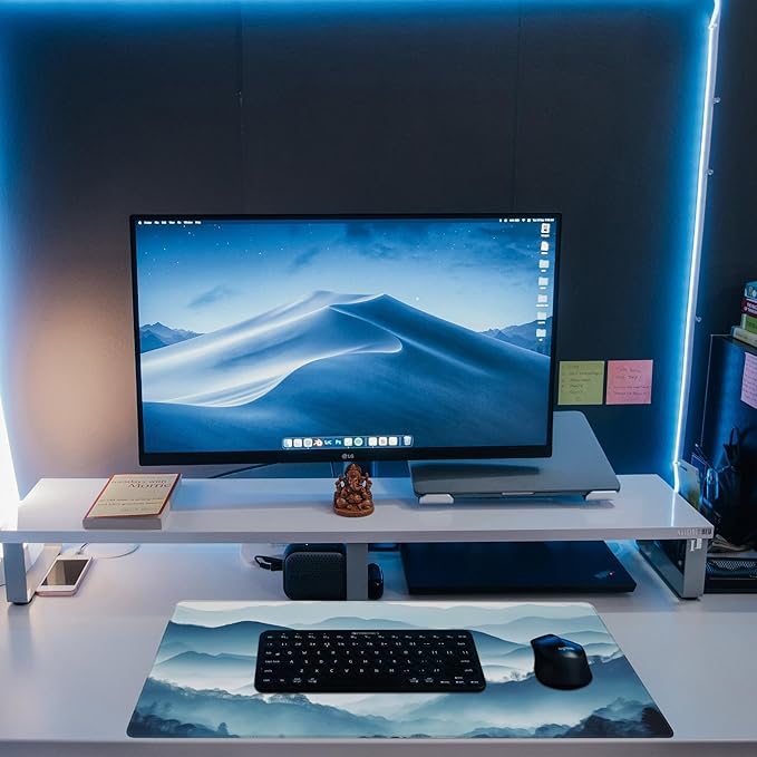 Eflxamz Large Gaming Mouse Pad for Desk,Mountain Desk Mat,Misty Forest Mountains Desk Pad,Extended Big Computer Keyboard Mouse Pad with Non-Slip Base and Stitched Edge,31.5"x11.8"