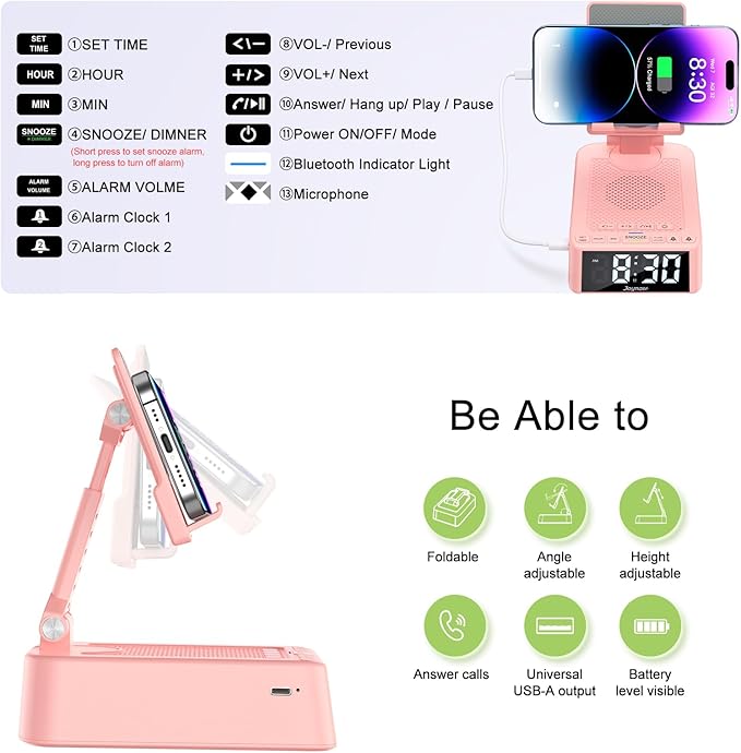 Joymate Gifts for Women Girls, Phone Stand with Bluetooth Speaker 360° Rotable Angle Adjustable Cell Phone Holder for Desk with HD Subwoofer Sound Fits All Phones,Tablets (Pink)