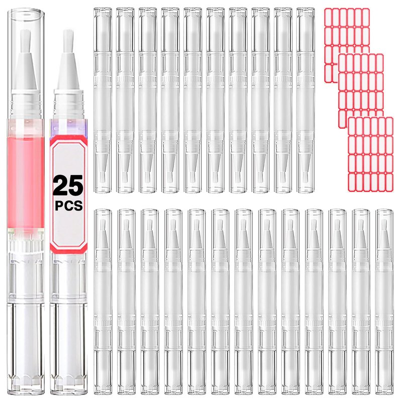 Nail Oil Pen 25Pcs 3ml Empty Transparent Twist Pens Cuticle Oil Pen with Brush Tip for Nail Oil, Liquid Foundation, Eyelash Growth Liquid Tube, Empty Cuticle Oil Dispenser + 48pcs Label