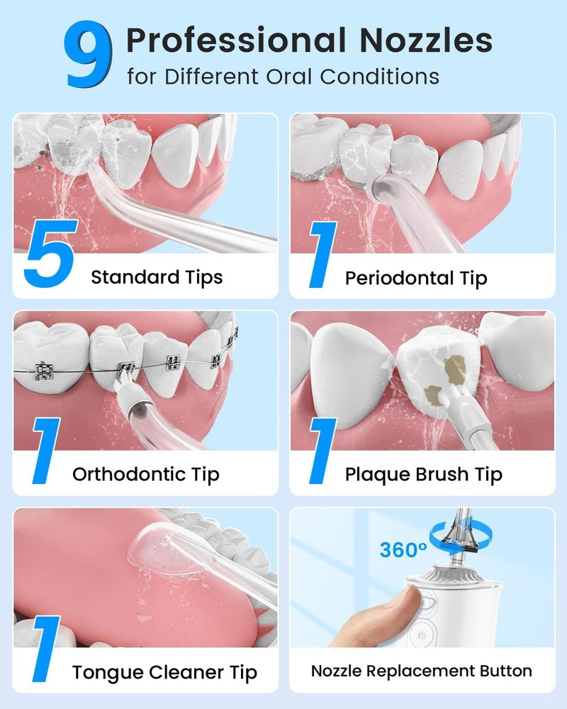 Water Flosser | Cordless Portable Dental Irrigator with 9 Jet Tips & 5 Modes - 300ML, IPX7 Waterproof (White)