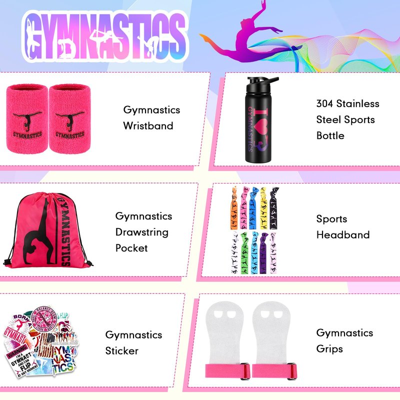 Xtinmee 66 Pcs Gymnastics Gift for Women Girl Pink Gymnastics Party Favor Hand Grip Water Bottle Drawstring Backpack Wristband Hair Tie 50 Tattoo Sticker Stuff Team Birthday Christmas