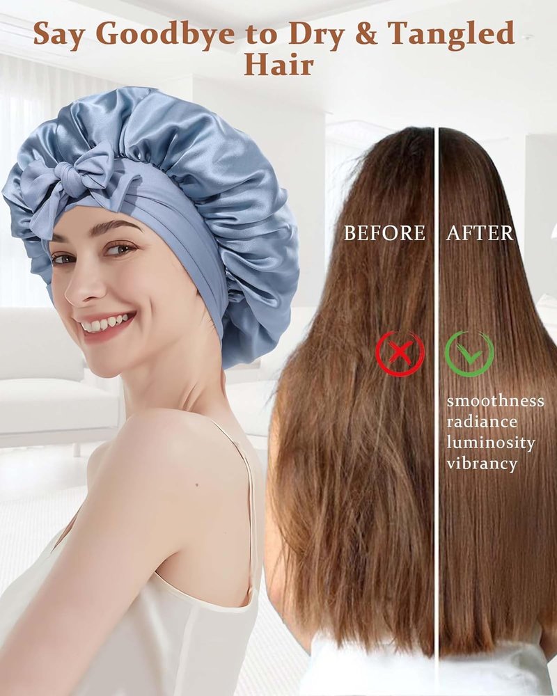 Mulberry Silk Bonnet for Sleeping | Double Layer Reversible Hair Wrap - Haze Blue & Sky Blue