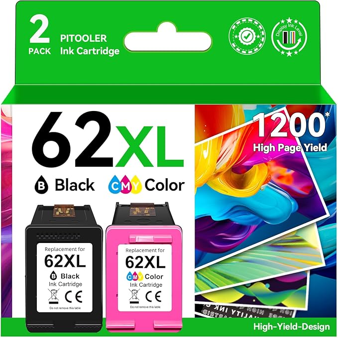 Pitooler 62XL Ink Cartridge Combo Pack Compatible for HP Ink 62 Black Color Compatible for Envy 7640 7645 5660 5665 5642 5540 OfficeJet 8045 8040 5746 5745 250 200 Printer