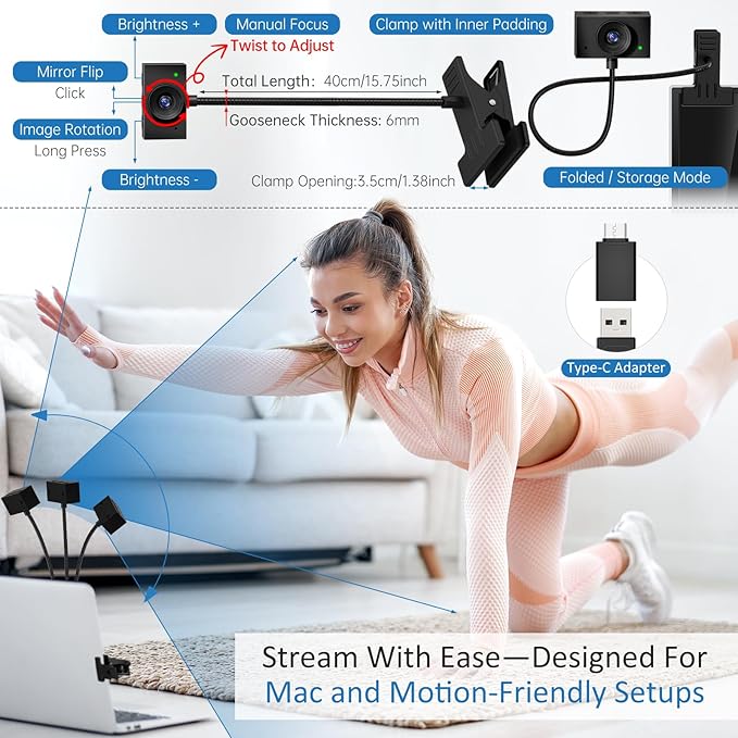 Webcam for PC, Streaming Camera, Web Camera for Desktop/Laptop Computer Webcam with Microphone, Plug and Play USB Web Cam with Bracket, Manual Focus, for Live Streaming, Video Calls (Black, 1080P)