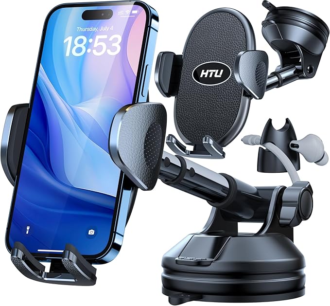 HTU 【Military-Grade Suction】 Cell Phone Holder for Car【Flexible Telescopic Arm】 Car Phone Mount Stand for Dashboard Windshield for iPhone 17 16 Pro Max 15 14 13 12 Samsung Truck Jeep, Black