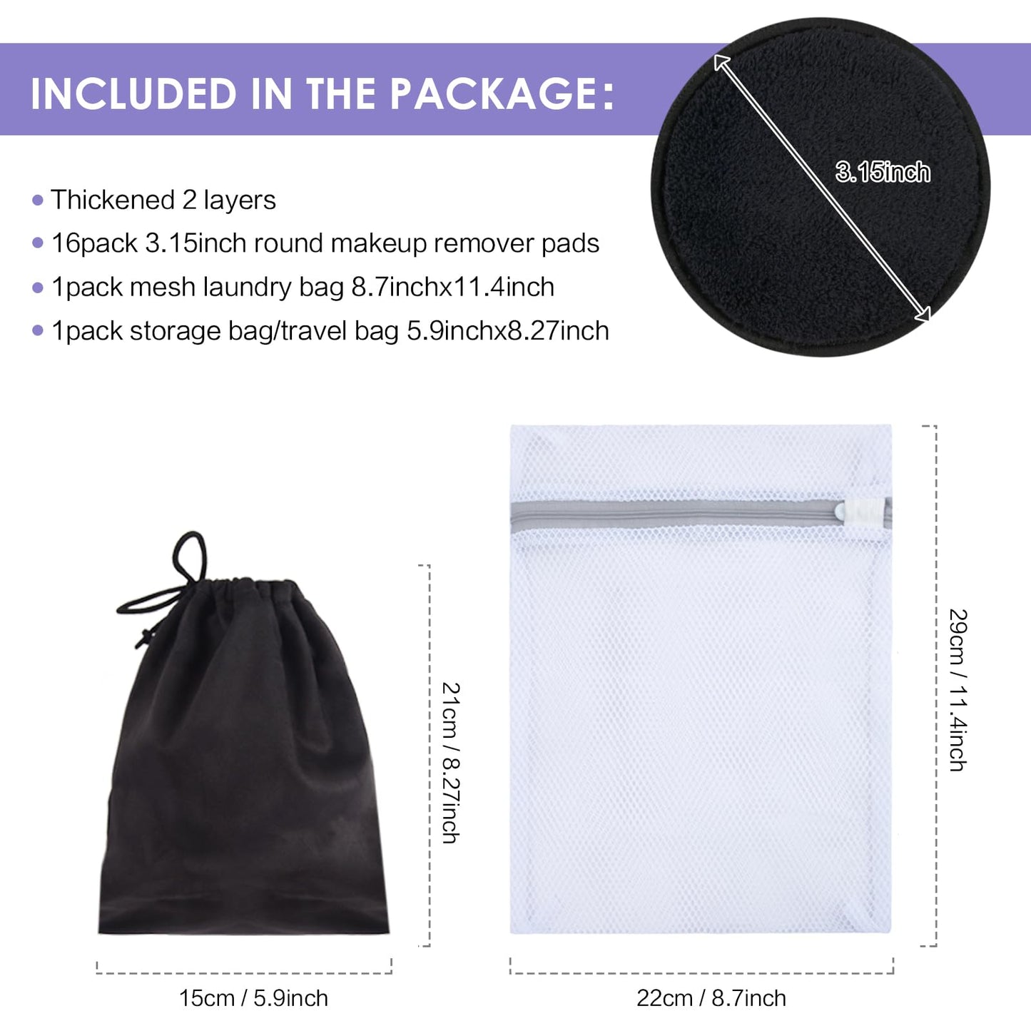 SUNLAND Reusable Makeup Remover Pads for Face,Eye,Lips 32 Pack Microfiber Face Cleansing Gloves Washable with Laundry Bag and Travel Bag Rounds Toner Pads（Round 3.15inchx32,Black）