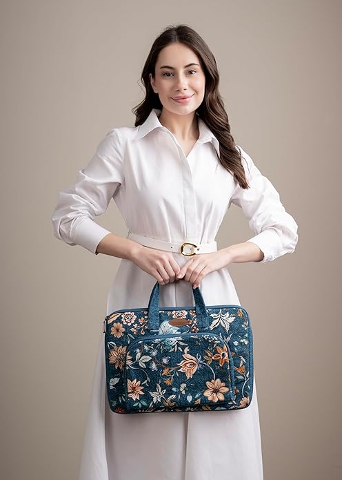 Maison d'Hermine Laptop Bag with Pocket Upto 13.5 inch Stain and Water Repellent Cotton Canvas Spring Summer (Luxury Loft - Dark Teal)