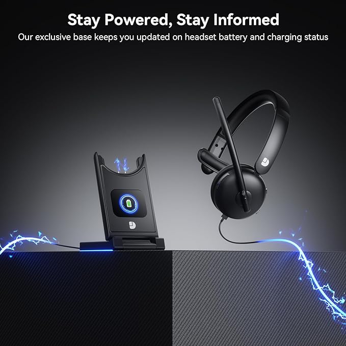 Wireless Headset with Mic for Work, Bluetooth Headphones with Microphone (Noise Cancelling) & Charging Base, Wireless Headset for Work from Home/Office/Call Center/PC/Computer/Teams/Zoom/Skype/Laptop