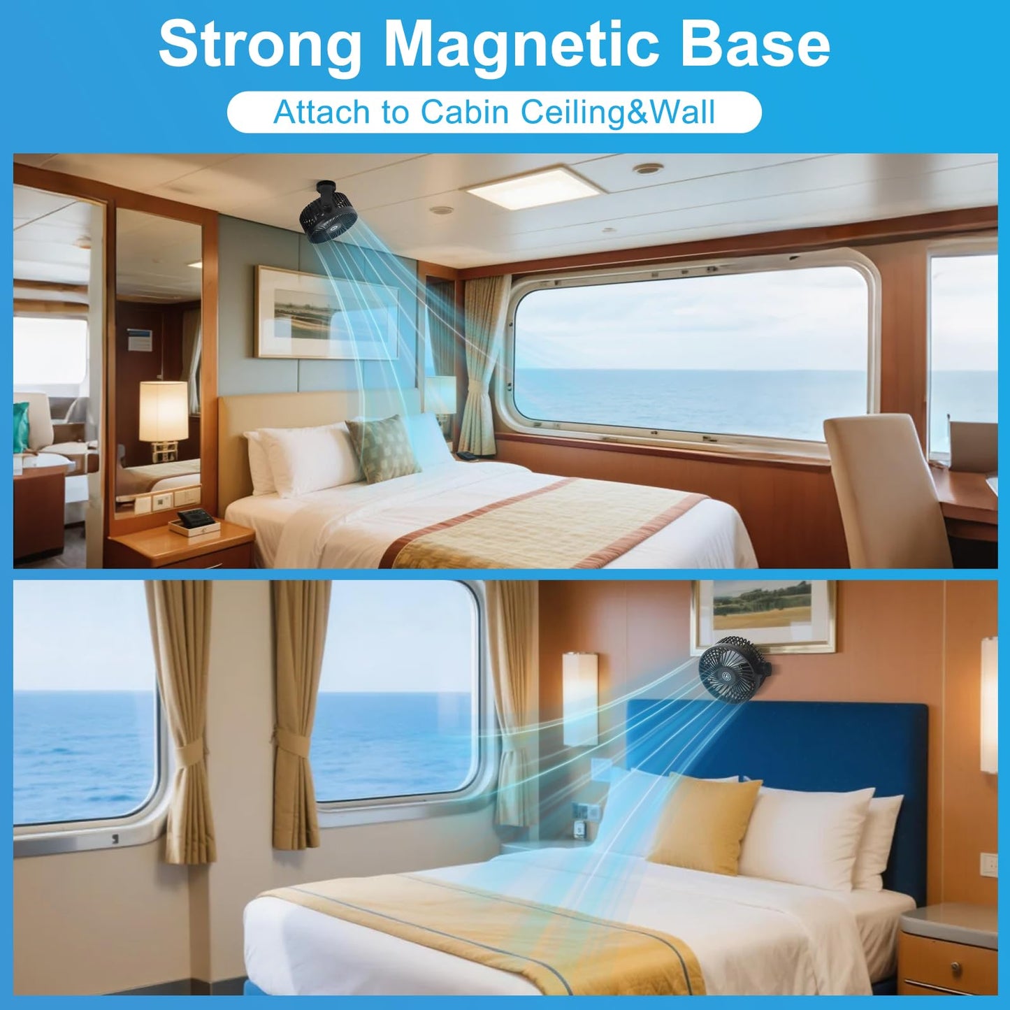 Fanopera Magnetic Cruise Fan with 12000mAh Battery - Portable Cabin Air Circulator, 3-Speed LED Desk Fan with Timer, Power Bank & Ceiling/Wall Mount, Cruise Ship Approved for Travel (Black)