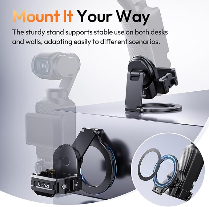 ULANZI PM01 Magnetic Mount Stand Compatible with DJI OSMO Pocket 3/Pocket 4, Aluminium Expansion Camera Holder with Cold Shoe and 1/4'' Mount,181/270/360° Adjustment Magnetic Adapter Xtra Accessories