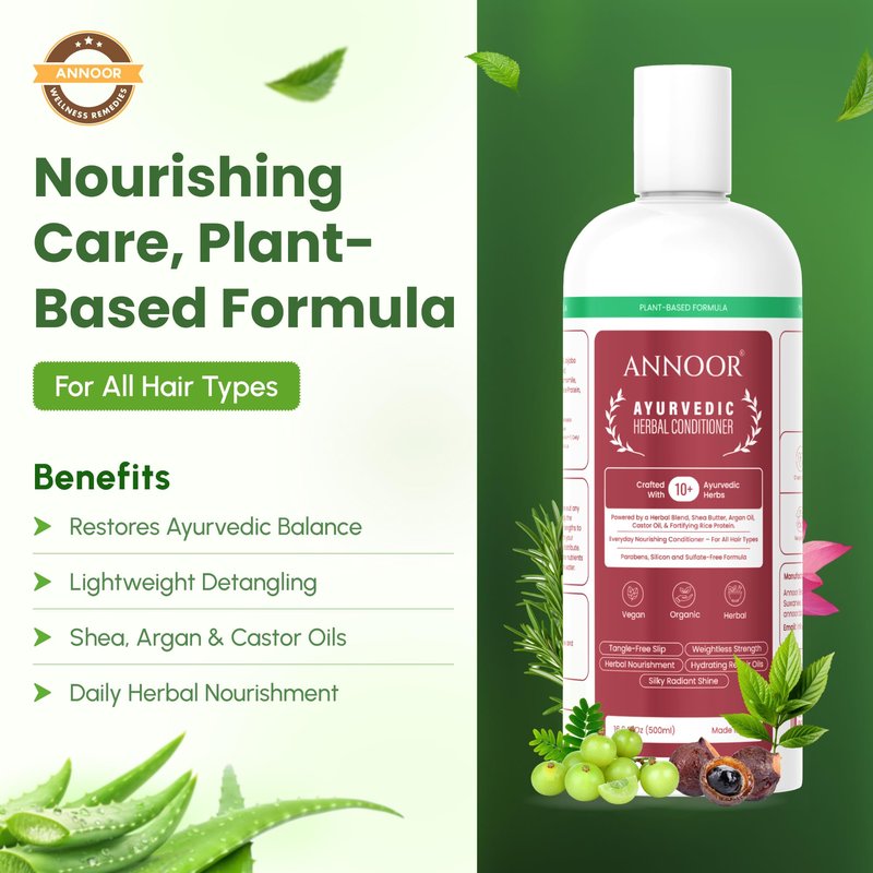 Annoor Ayuverdic Herbal Conditioner 16.9 Fl Oz | Plant-Based | Paraben and Sulfate-Free | With Shea Butter, Argan Oil, Castor Oil, Rice Protein and 10+ Herbs | Shine, Volume and Strength