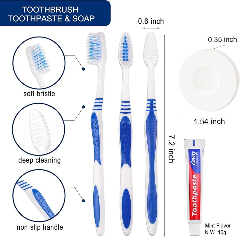 Disposable Toothbrush Set - 50 Individually Wrapped Toothbrushes with Toothpaste & Soap | 5 Colors, 0.5 oz Bars