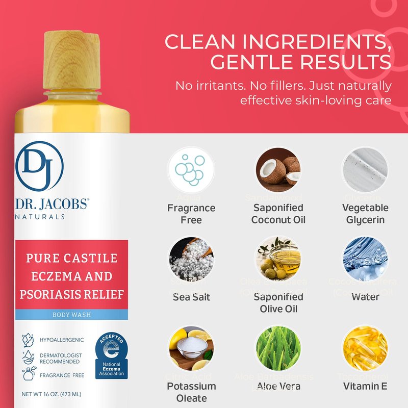 Dr. Jacobs Naturals Hypoallergenic Castile Soap, Dermatologist Tested Unscented Soap for Eczema & Psoriasis Relief - Sensitive Skin Body Wash Vegan & Gluten-Free Formula for All-Day Hydration 16oz-2PK
