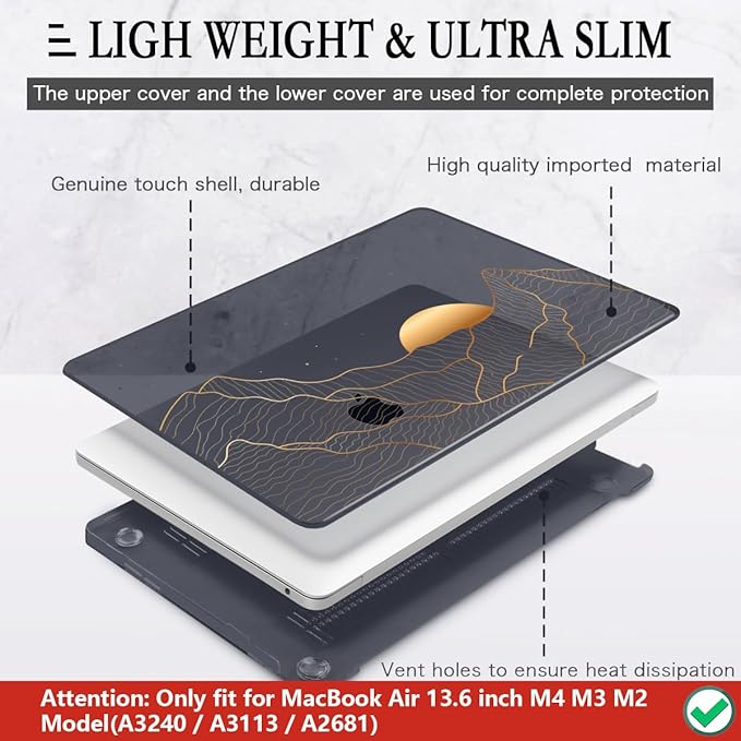 CISSOOK Compatible with MacBook Air 13.6 Inch M5 M4 M3 M2 Case 2022 2023 2024 2025 2026, Crystal Black Plastic Hard Shell Case Cover for MacBook Air 13.6" A3449 A3240 A3113 A2681, Sun & Mountain