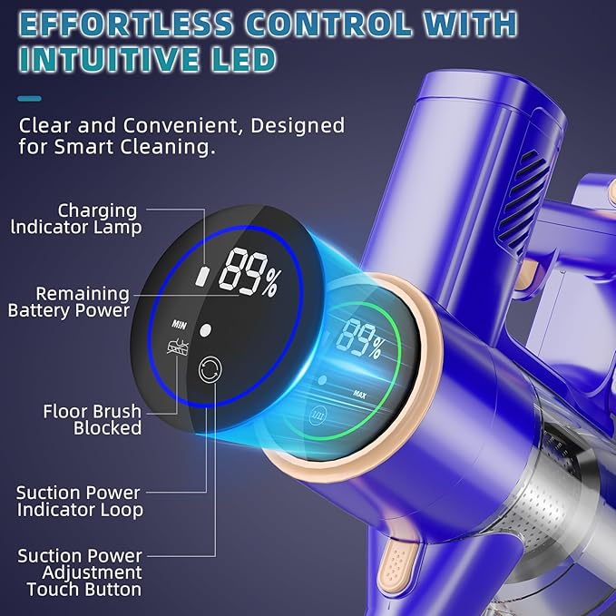Cordless Vacuum Cleaner, 180Â° Bendable Wand Stick Vacuum Cleaners with LED Touch Screen, 8-in-1 Lightweight Rechargeable Vacuum with 1.5L Dust Cup for Home Hard Floor Low-Pile Carpet
